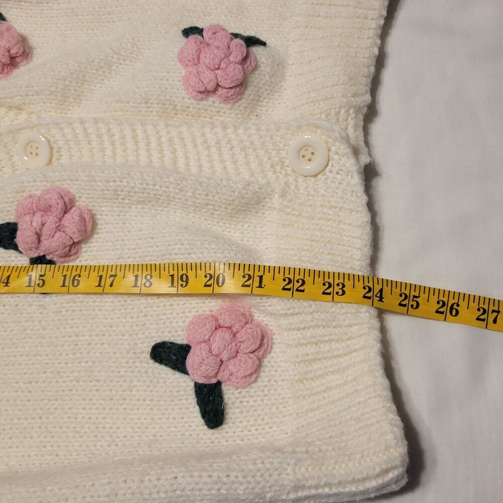 Luna Ivy Ivory Cardigan With Pale Pink 3D Crochet Puff Flowers. Size M. Cozy. - Picture 9 of 12